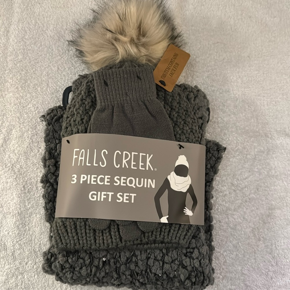 NWT Falls Creek Sequined Winter Gift Set Beanie Scarf Glove Faux Fur Pom Cozy